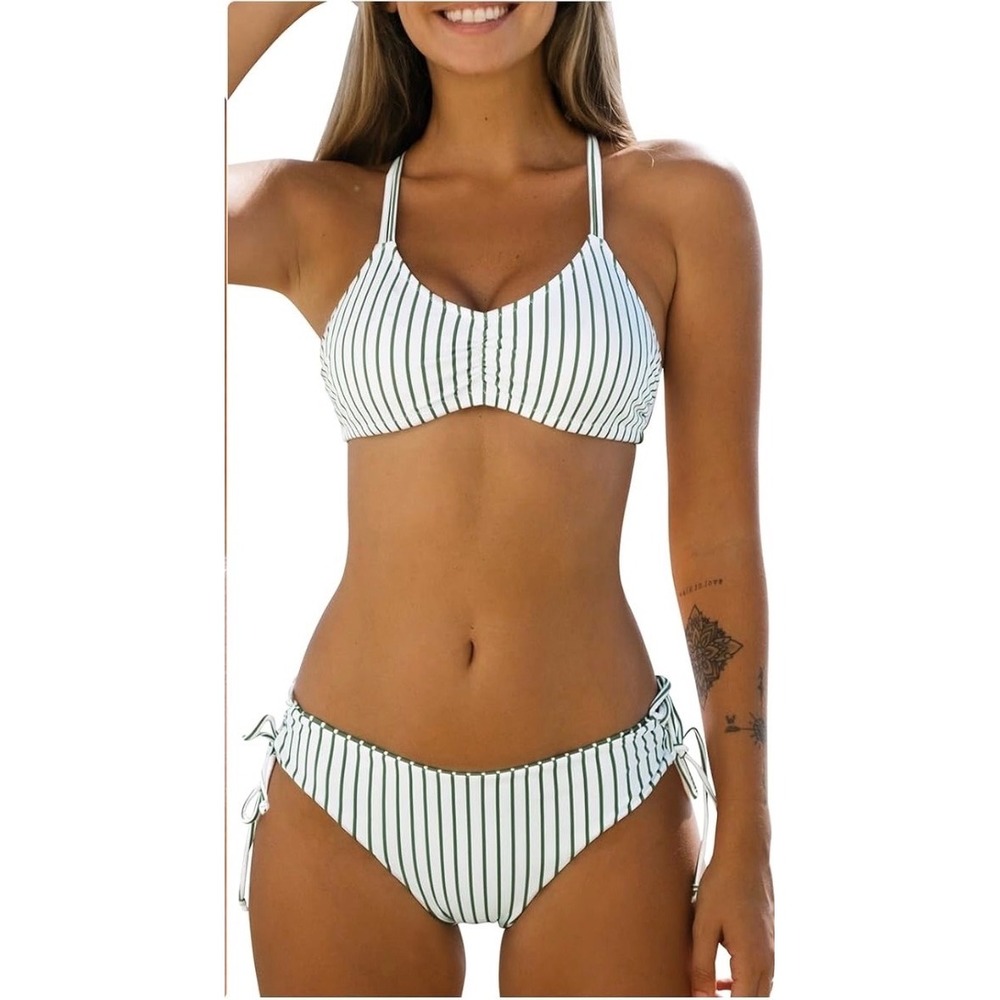 NEW Cupshe Green White Striped Bikini Set‎ Braided Back Reversible Bottom Size S